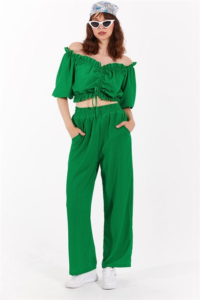 Büzgüllü Crop Pantolon Takım Benetton Yeşil