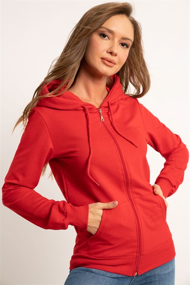 Fermuarlı Kapşonlu Sweatshirt Kırmızı