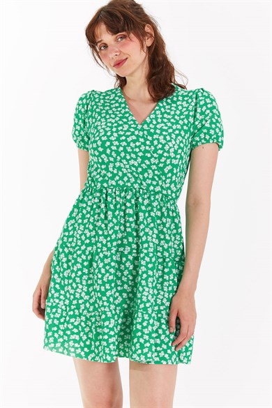 Kruvaze Yaka Kaşkorse Desenli Elbise Yeşil