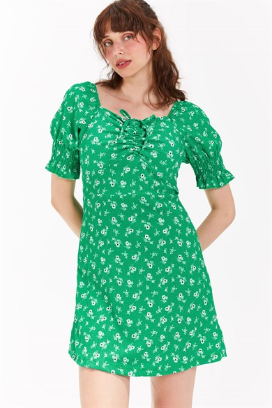 Önü Büzgülü Desenli Elbise Benetton Yeşil