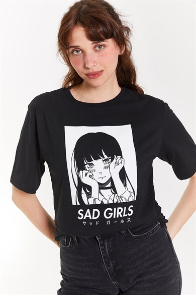 Sad Girls Baskılı T-Shirt Siyah