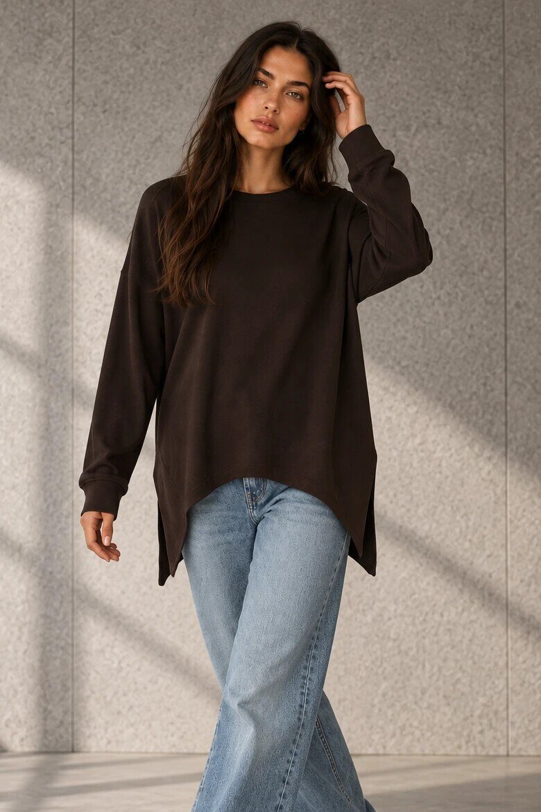 0005 Bisiklet Yaka Yırtmaçlı Sweat Kahve
