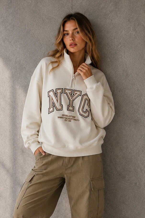 0592-2 Yarım Fermuarlı Dik Yaka Baskılı Sweat Ekru