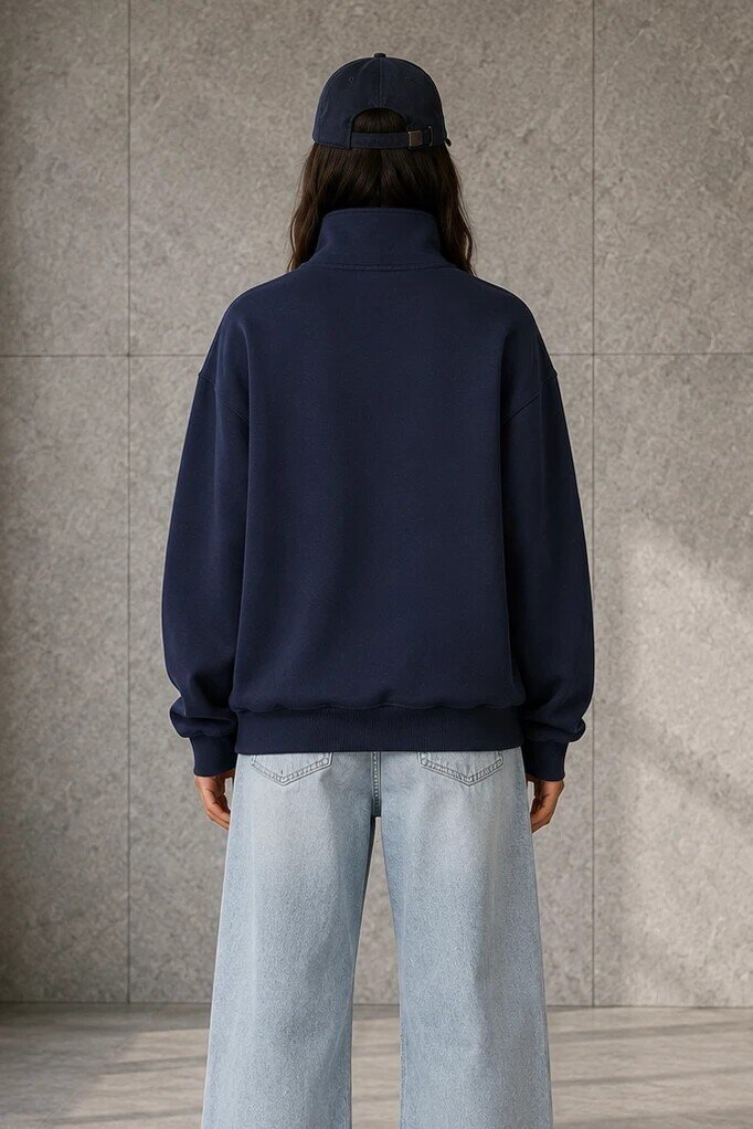 0592-2 Yarım Fermuarlı Dik Yaka Baskılı Sweat Lacivert