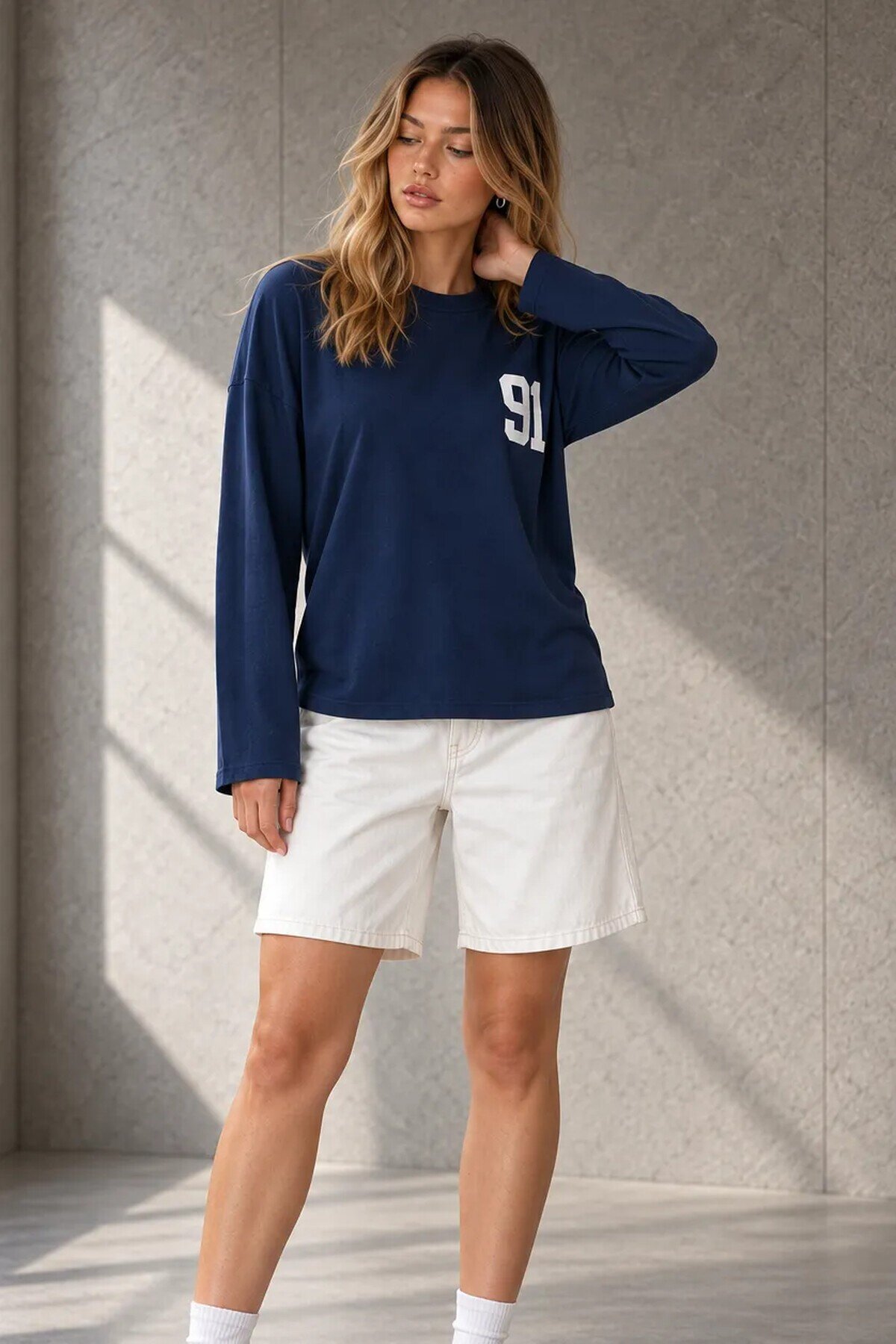 12693 Bisiklet Yaka Baskılı Sweat Lacivert