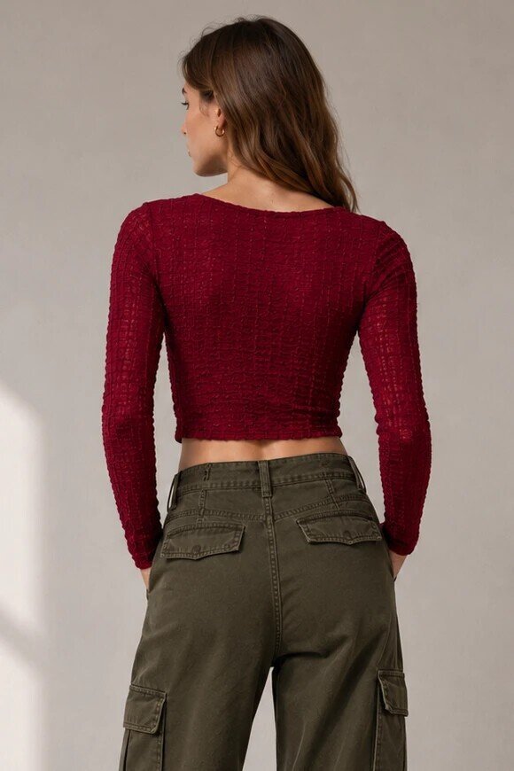1775 Kare Yaka Kabartmalı Bluz Bordo