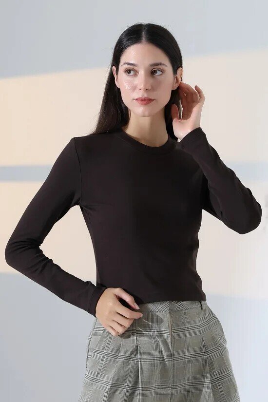 21651 Bisiklet Yaka Crop Kahve