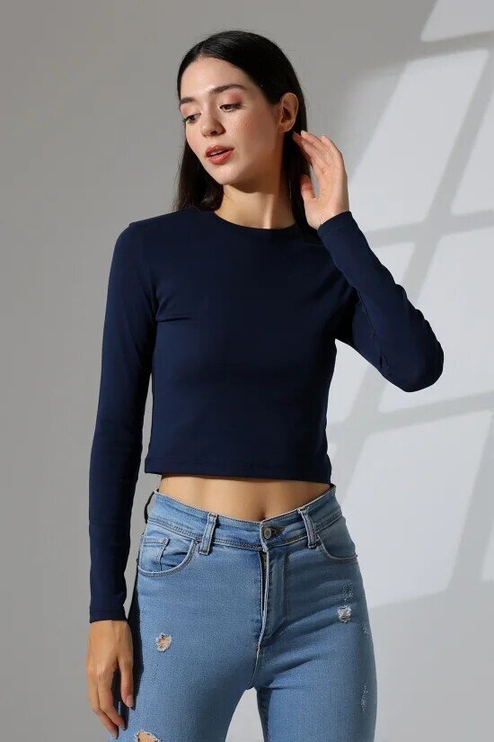 21651 Bisiklet Yaka Crop Lacivert