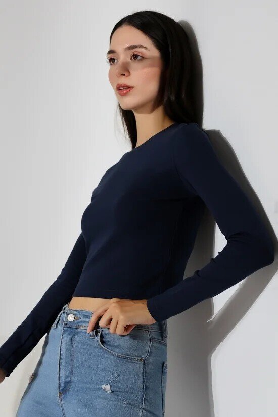 21651 Bisiklet Yaka Crop Lacivert