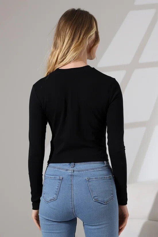 21651 Bisiklet Yaka Crop Siyah