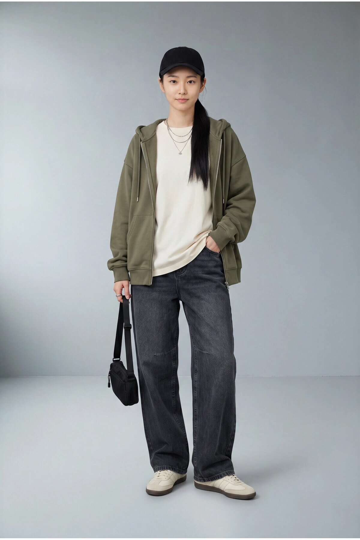 24445 Diz Dikiş Detaylı Baggy Jean Siyah