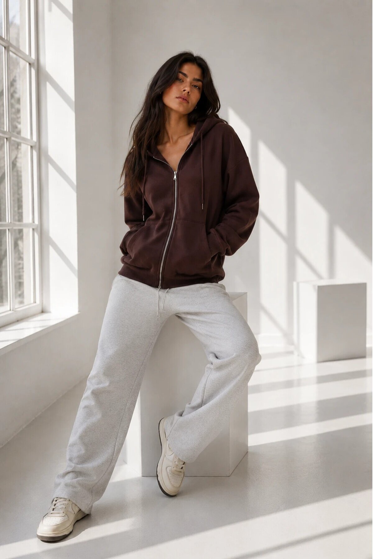 2501 Fermuarlı Kapüşonlu Sweatshirt Acı Kahve