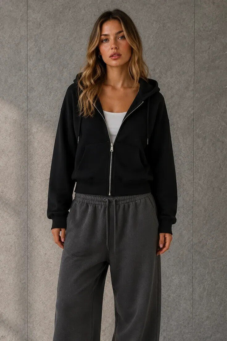 2503 Kapüşonlu Fermuarlı Sweatshirt Siyah