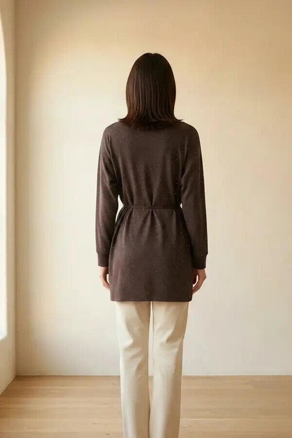 26781 Taşlı Beli Bağlamalı Tunik Kahve