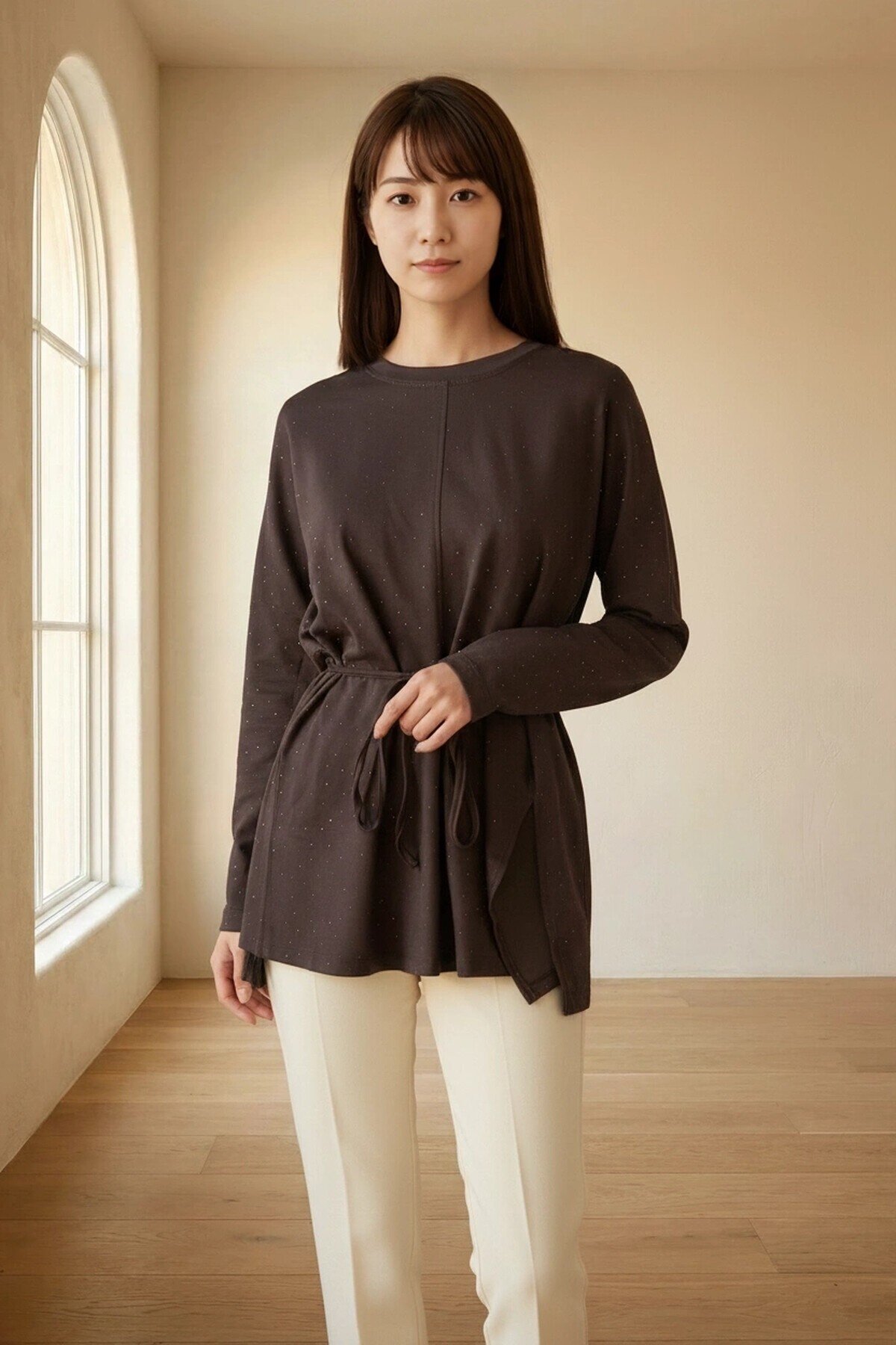 26781 Taşlı Beli Bağlamalı Tunik Kahve