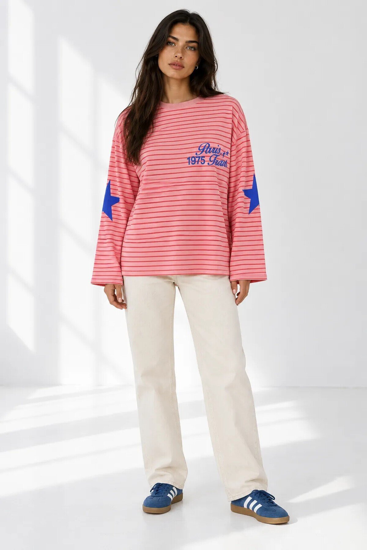 3073 Baskılı Çizgili Sweat Pembe