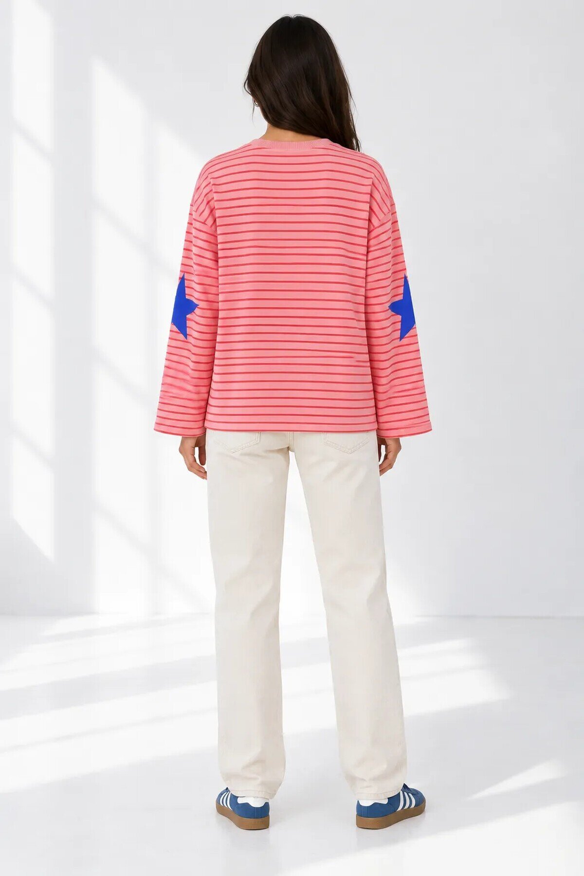 3073 Baskılı Çizgili Sweat Pembe