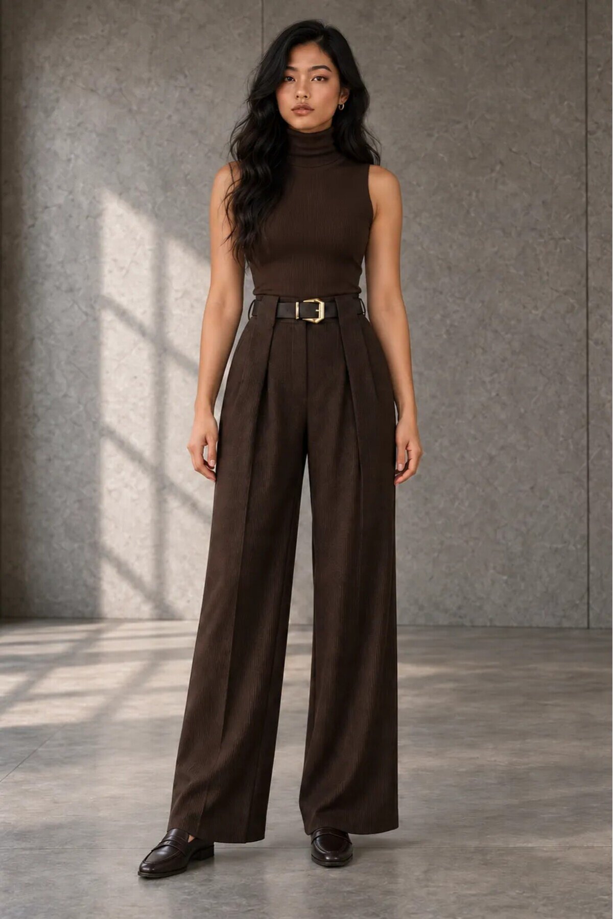 3331 Fitilli Kemerli Palazzo Pantolon Kahve