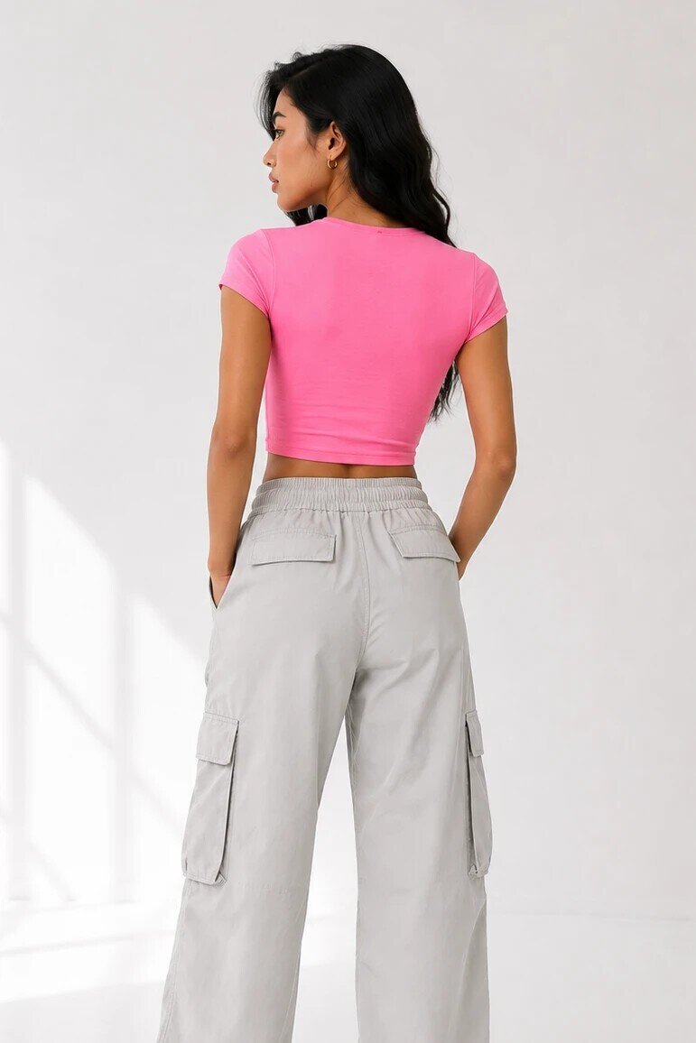 4084 Bisiklet Yaka Crop Pembe