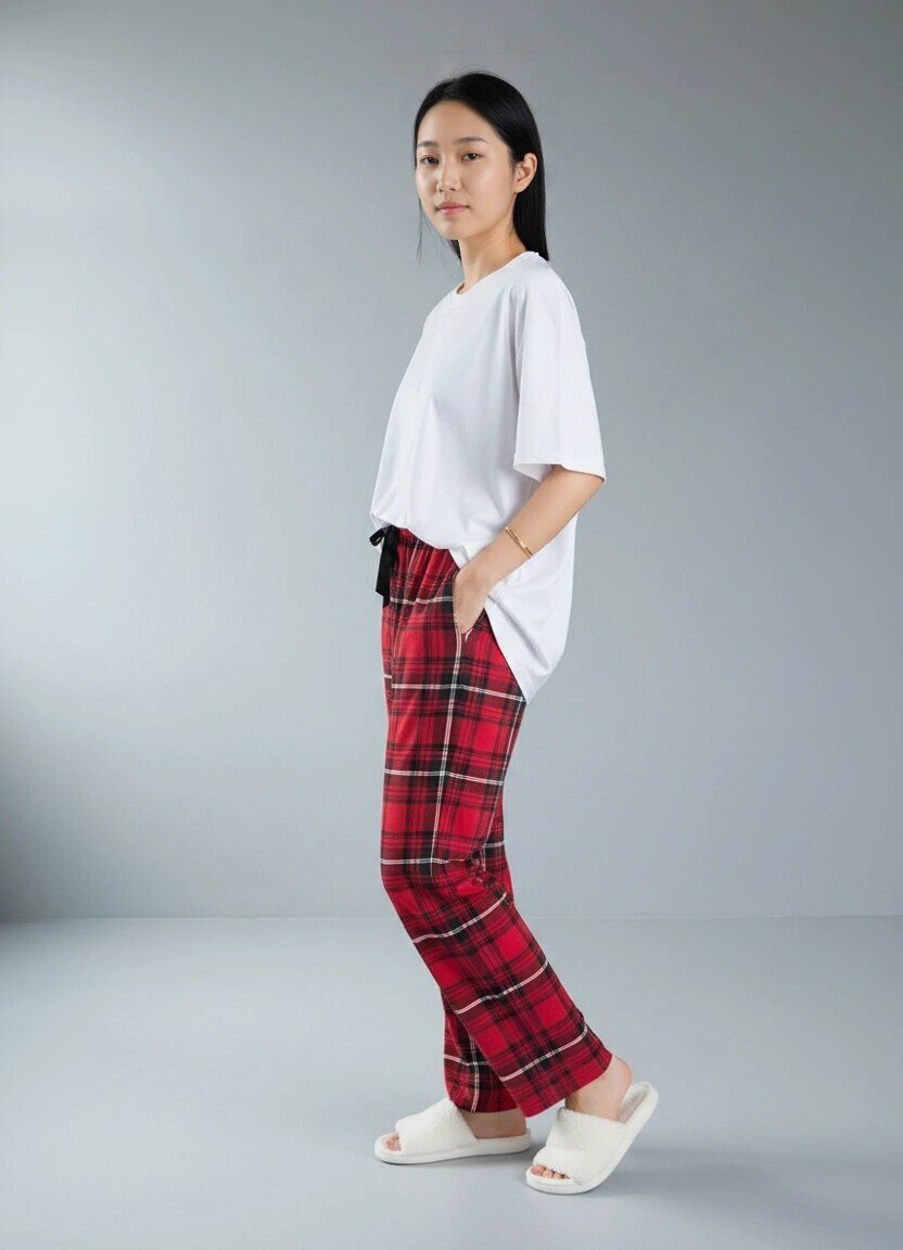 4517 Ekose Desen Pijama Altı Kırmızı