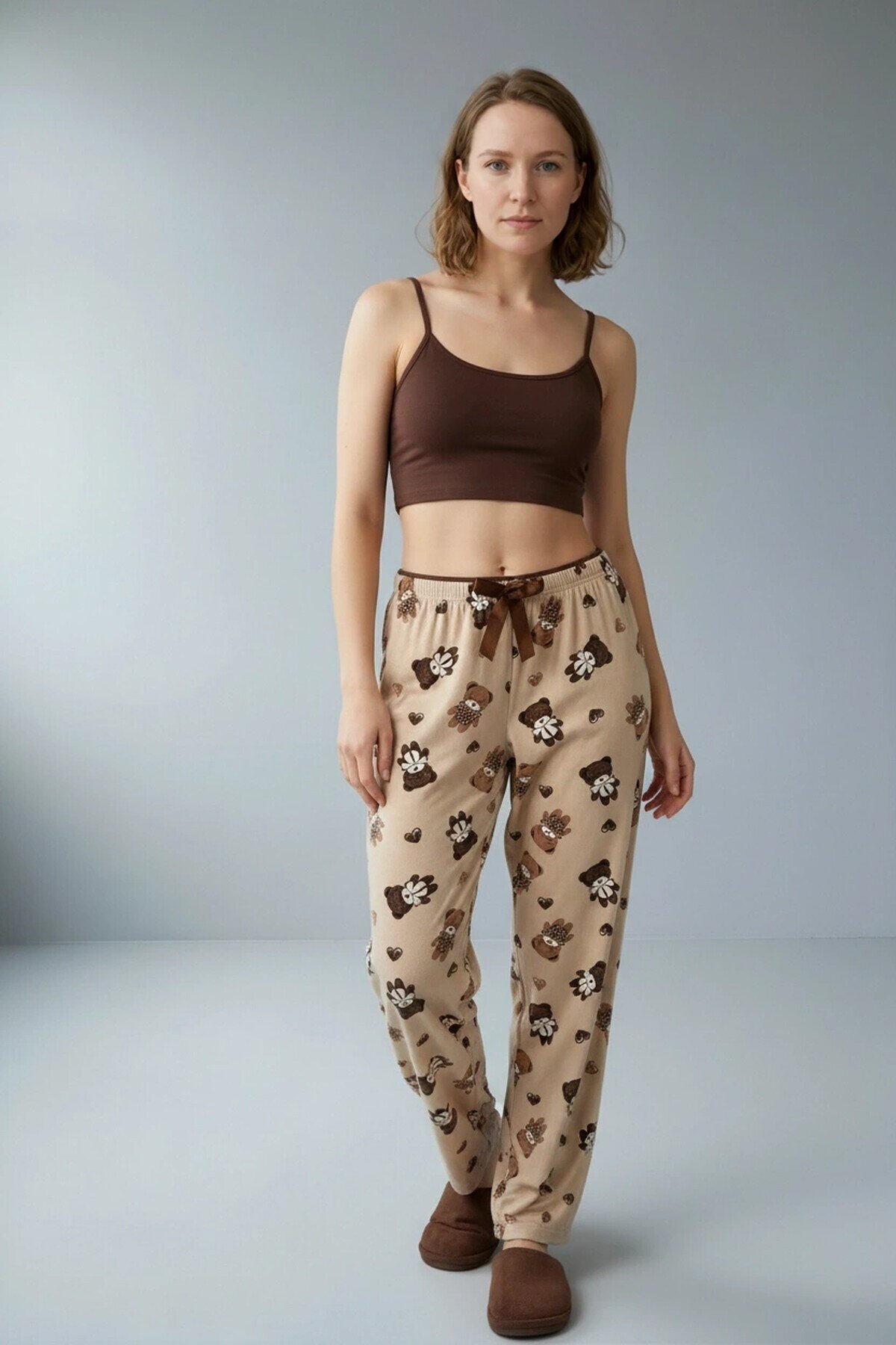 4535 Ayıcık Desen Pijama Altı Kahve
