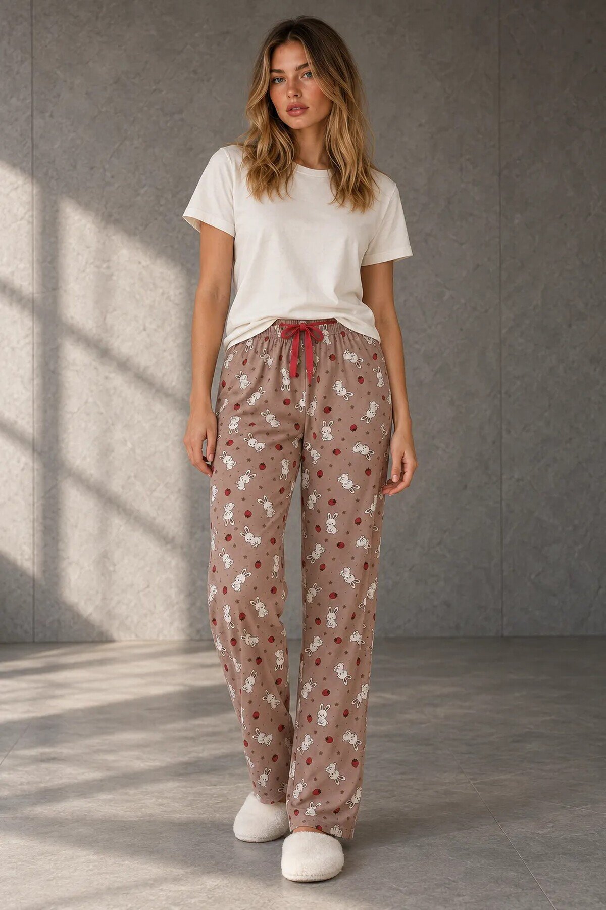4550 Tavşan Desen Pijama Altı Vizon