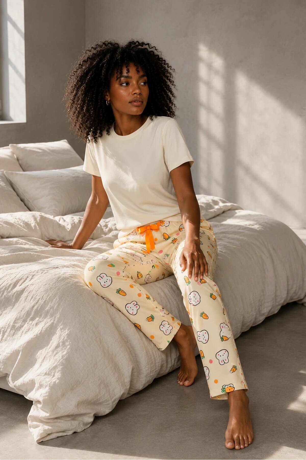 4551 Tavşan Desen Pijama Altı Bej