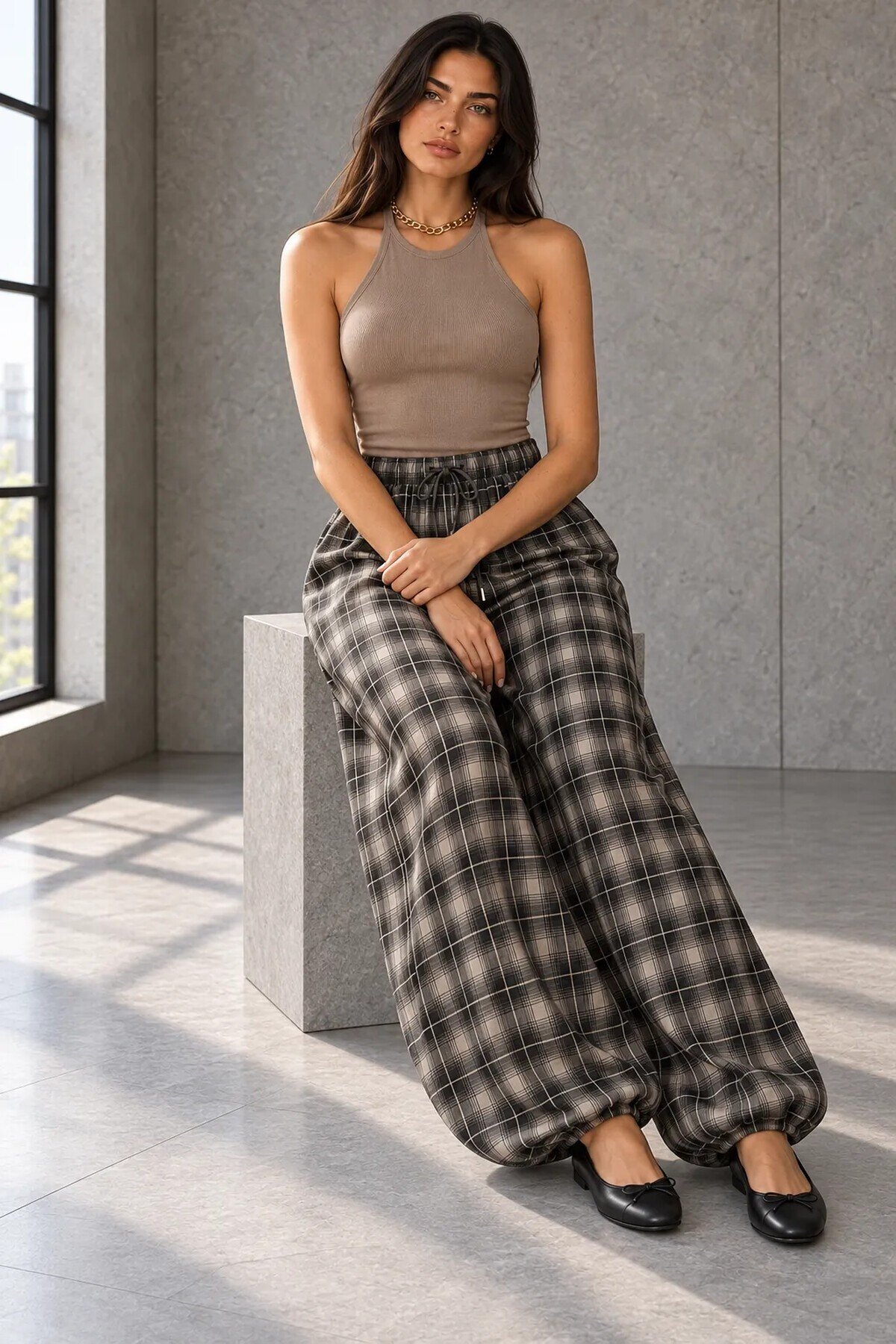 51466 Paça Pileli Ekose Desen Baggy Pantolon Kahve