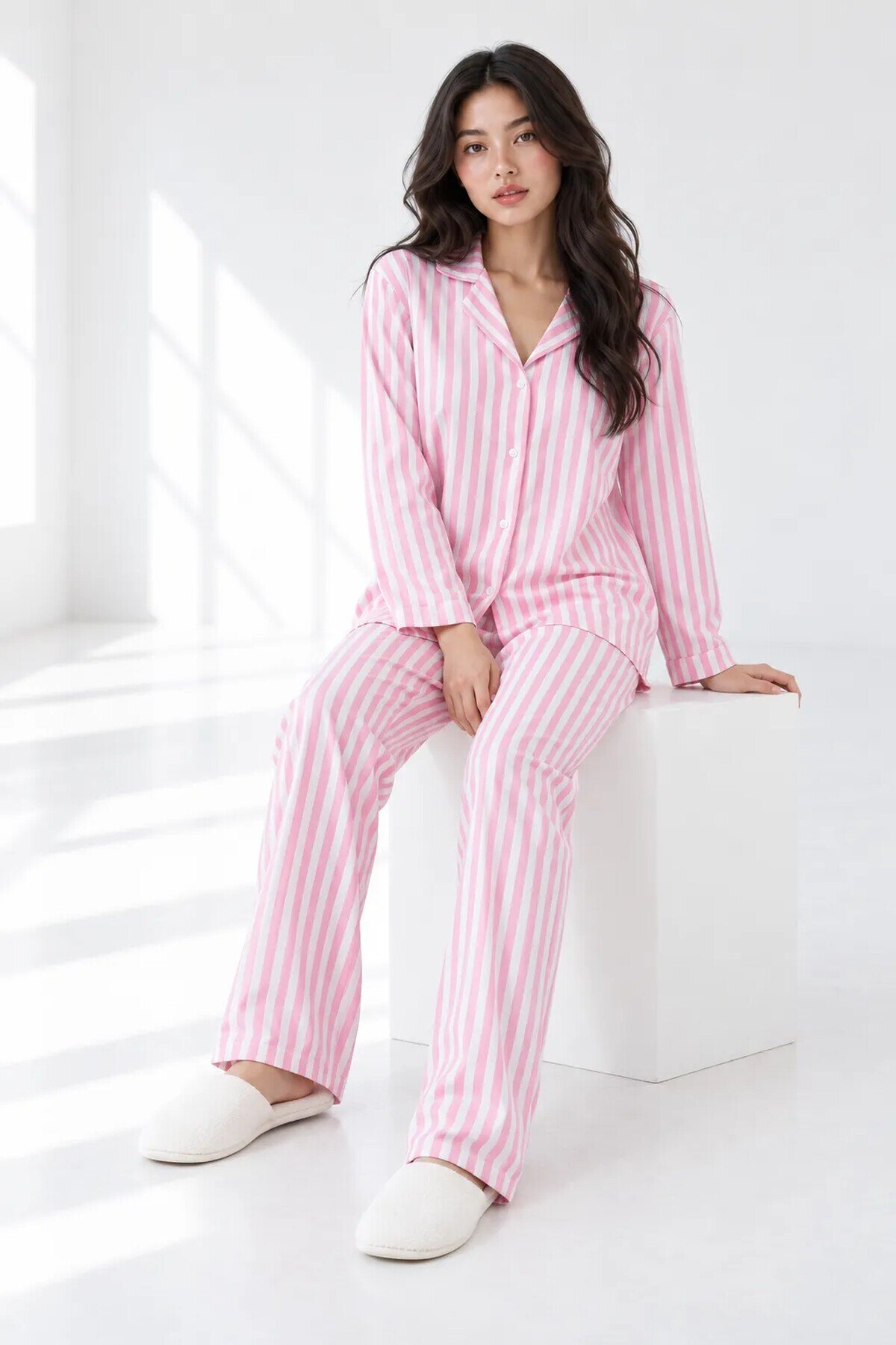 5601 Çizgili Pijama Takımı Pembe
