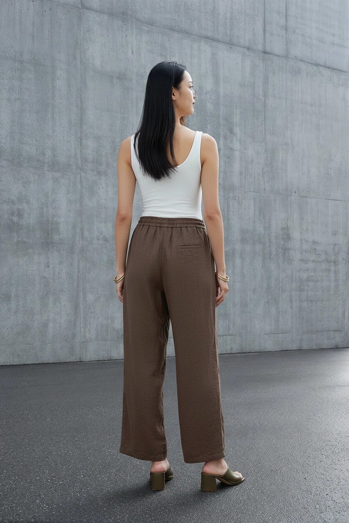 5812 Beli Lastikli Keten Pantolon Kahve