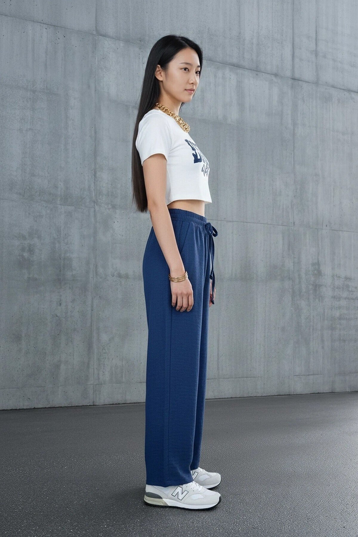 5812 Beli Lastikli Keten Pantolon Lacivert