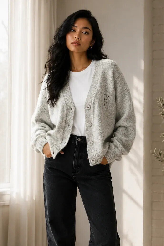 6085 Kalp Nakış Detaylı Triko Hırka Gri