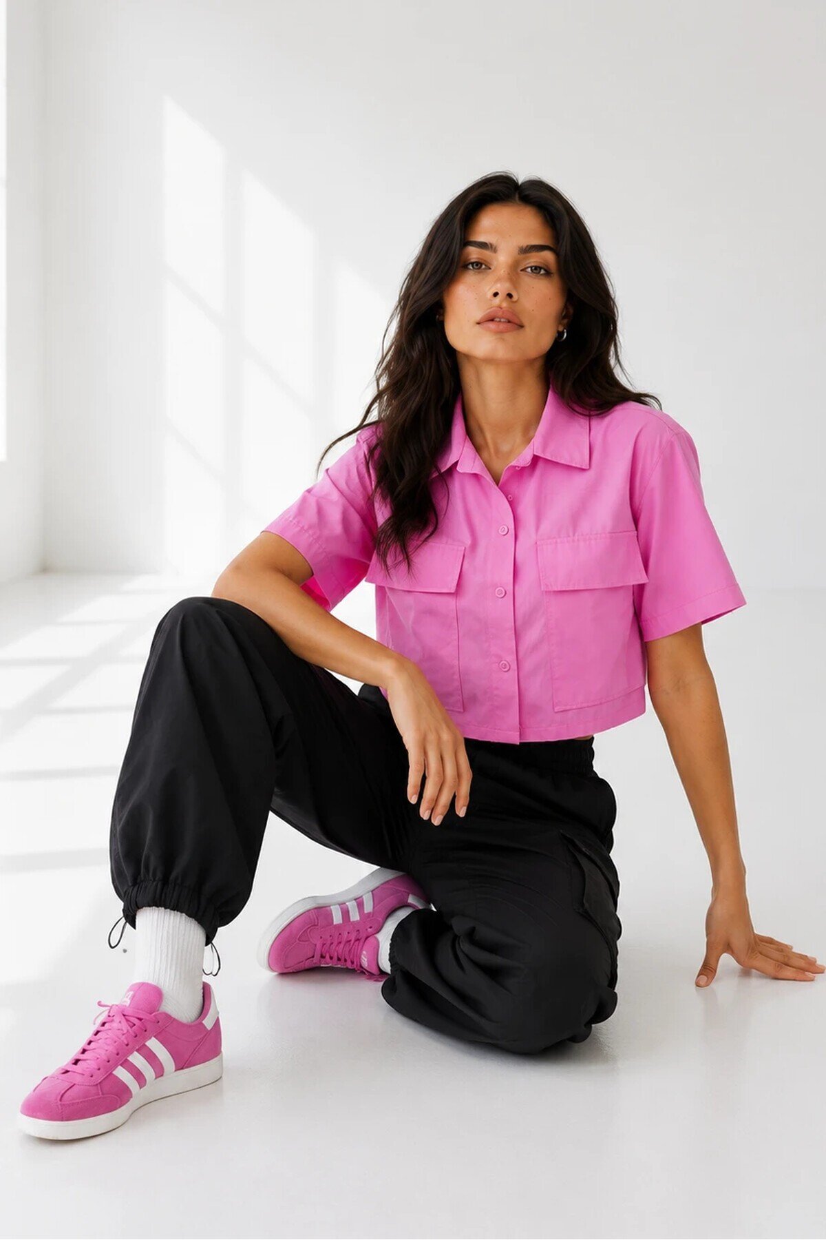 7037 Kapak Cepli Crop Gömlek Pembe