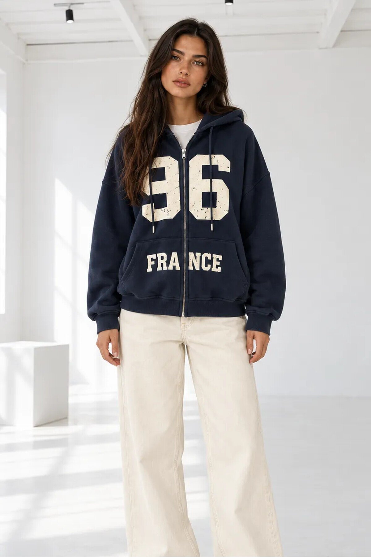 MM9018 Fermuarlı Baskılı Sweat Lacivert