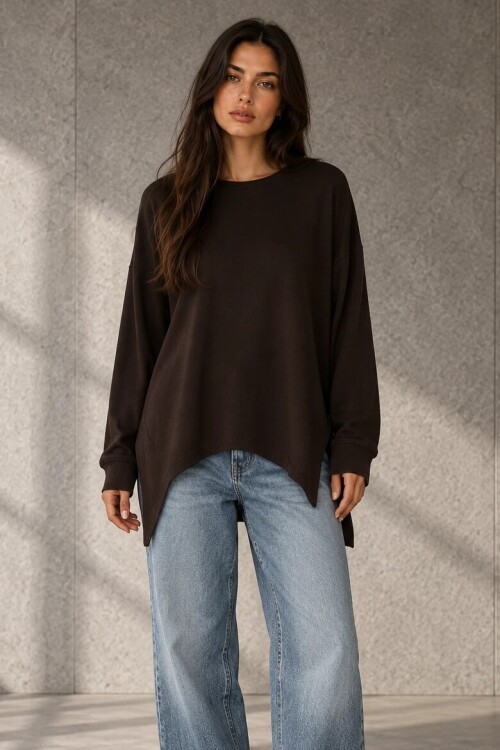 0005 Bisiklet Yaka Yırtmaçlı Sweat Kahve