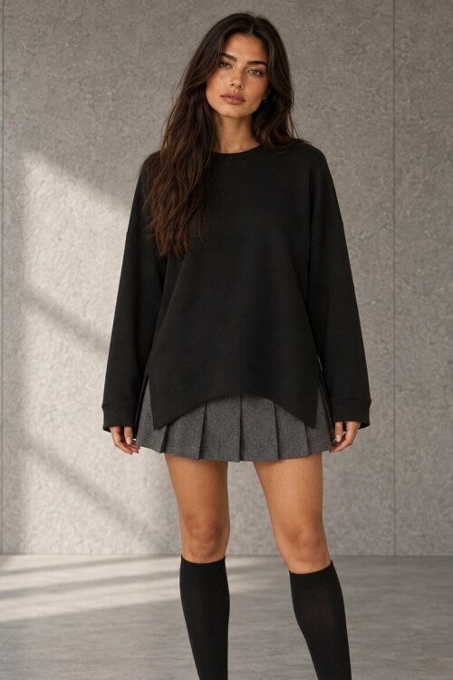 0005 Bisiklet Yaka Yırtmaçlı Sweat Siyah