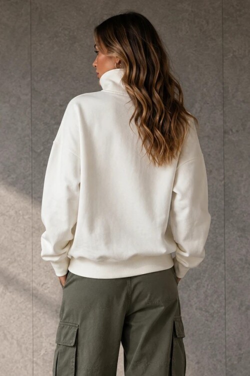 0592-2 Yarım Fermuarlı Dik Yaka Baskılı Sweat Ekru