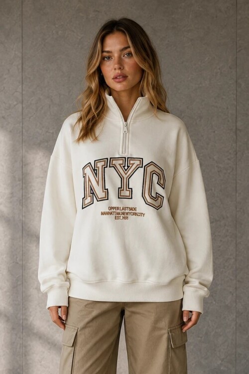 0592-2 Yarım Fermuarlı Dik Yaka Baskılı Sweat Ekru
