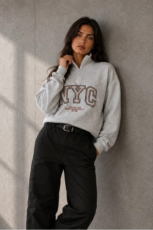 0592-2 Yarım Fermuarlı Dik Yaka Baskılı Sweat Karmelanj