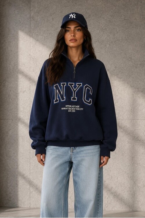 0592-2 Yarım Fermuarlı Dik Yaka Baskılı Sweat Lacivert