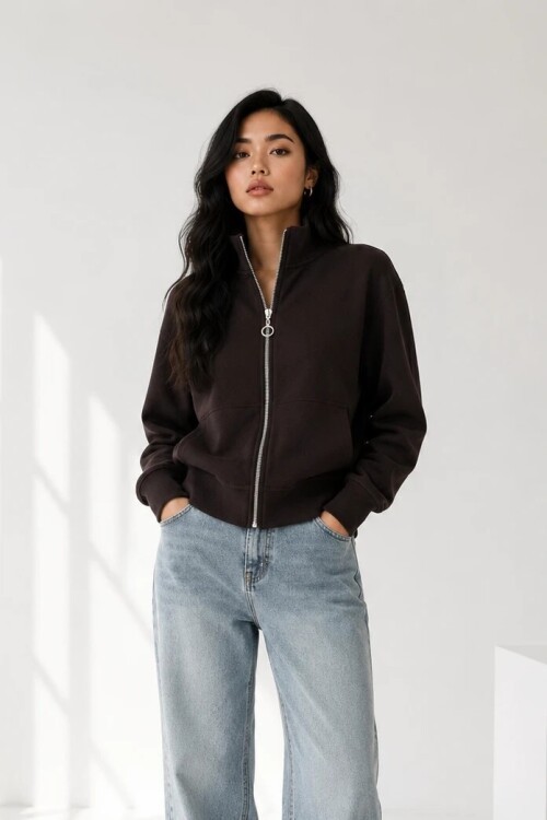1160 Fermuarlı Dik Yaka Sweat Kahve