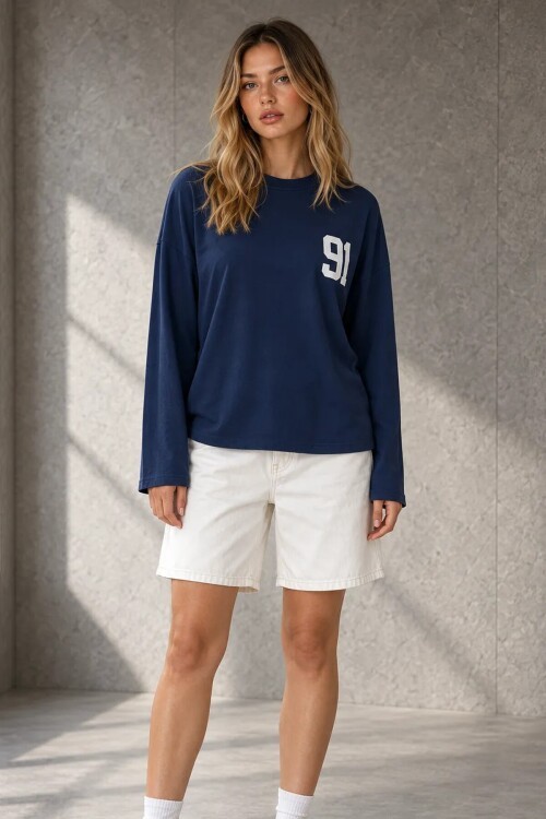 12693 Bisiklet Yaka Baskılı Sweat Lacivert