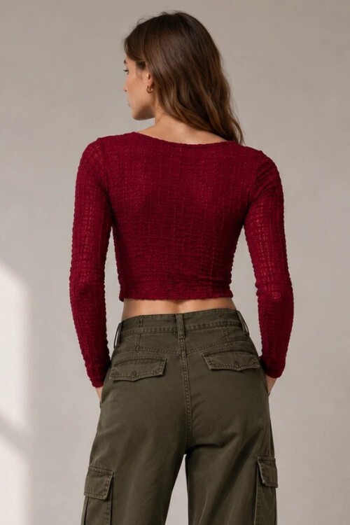 1775 Kare Yaka Kabartmalı Bluz Bordo