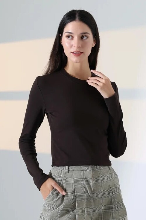 21651 Bisiklet Yaka Crop Kahve