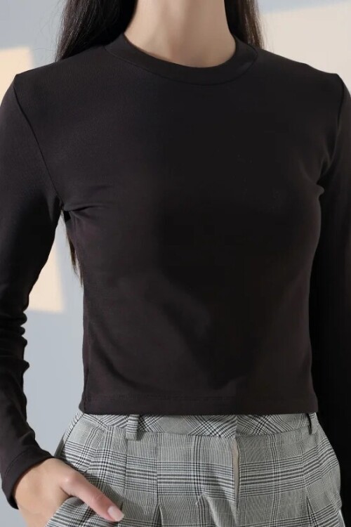 21651 Bisiklet Yaka Crop Kahve