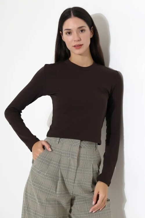 21651 Bisiklet Yaka Crop Kahve