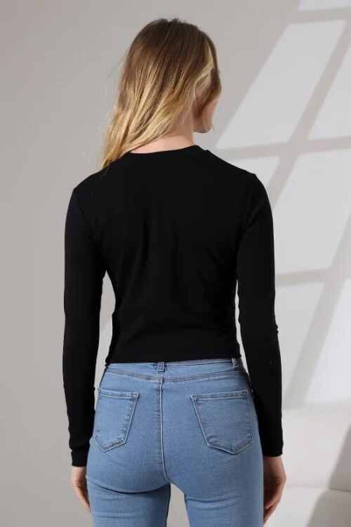 21651 Bisiklet Yaka Crop Siyah