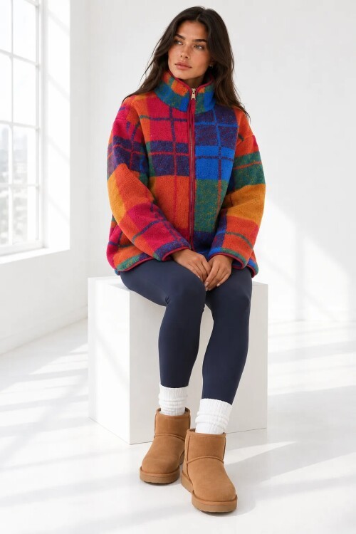 23868 Ekose Desen Polar Ceket Saks Mavi