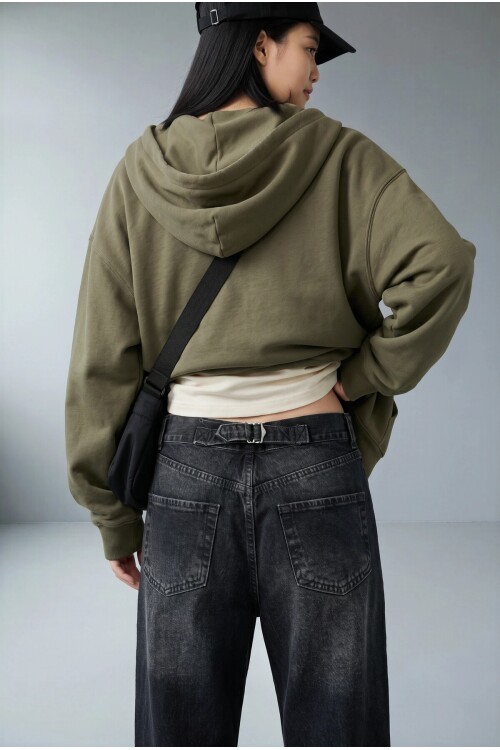 24445 Diz Dikiş Detaylı Baggy Jean Siyah