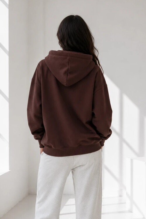 2501 Fermuarlı Kapüşonlu Sweatshirt Acı Kahve